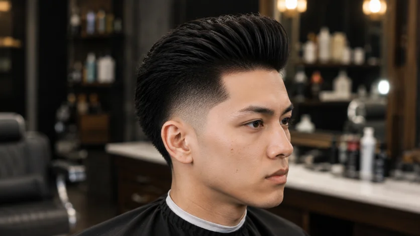"Straight Hair Burst Fade Pompadour haircut on Japanese male in barber shop."