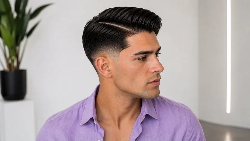 Straight hair burst fade side part haircut for men with sleek straight hair and a clean side part in a minimalist studio setting.
