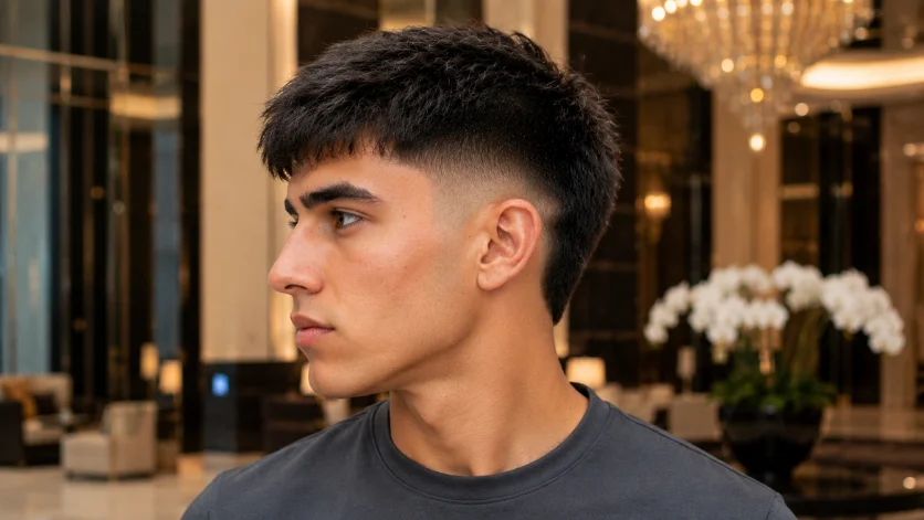Straight Hair Burst Fade Textured Crop hairstyle for men.