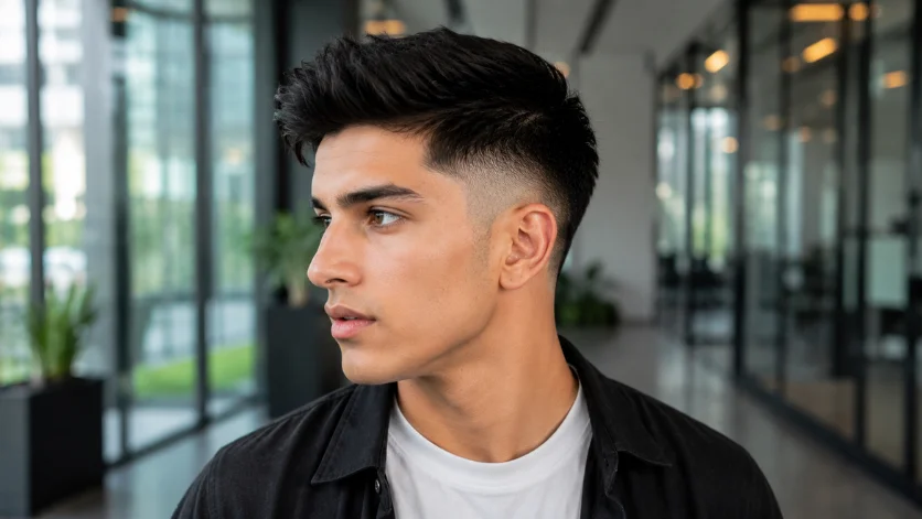 Straight hair burst fade undercut with sleek finish
