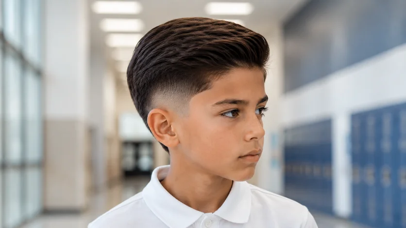 Straight hair burst fade for kids with a sleek top and clean fade in a school hallway.
