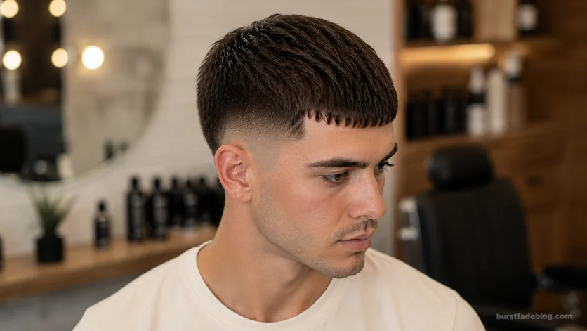Straight Hair Caesar Fade haircut with straight fringe and clean fade.