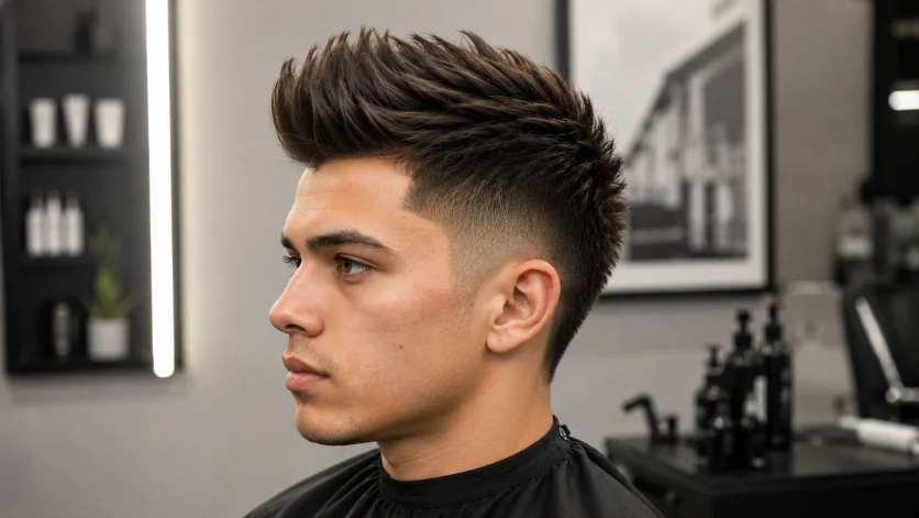 Straight Hair Faux Hawk haircut with sleek structure, defined height, and clean fade in a modern barber studio.