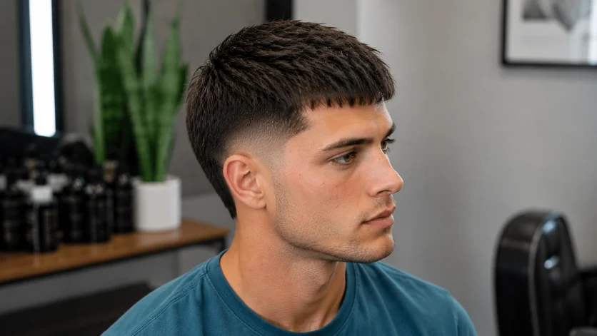 Straight Hair French Crop haircut with sleek texture and sharp burst fade, modern men's hairstyle