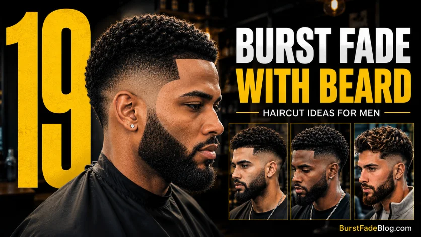 19 Burst Fade with Beard haircut ideas featuring a sharp burst fade, full beard, and three modern hairstyle variations in a luxury barber studio.