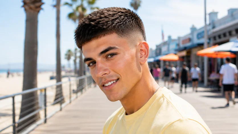 Summer burst fade crew cut with a short airy top and skin fade hairstyle.