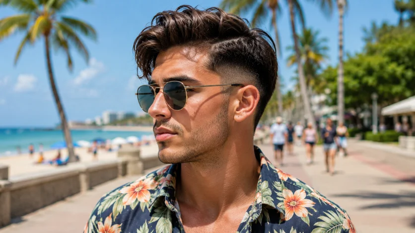 Summer burst fade side part haircut with textured top, tropical floral shirt, and sunny beach promenade backdrop.