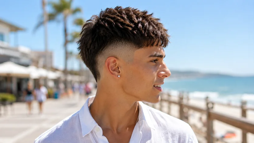Summer Burst Fade Textured Crop hairstyle for men.