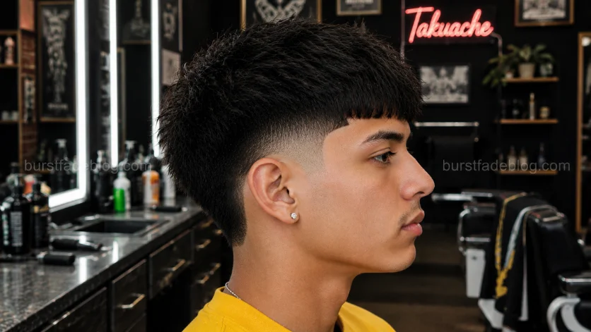 Takuache Burst Fade Edgar haircut with a sharp fringe and modern burst fade on a young Mexican-American male model.