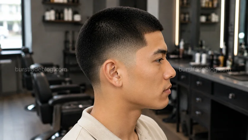 Taper Burst Fade Buzz Cut haircut with a smooth taper fade blend and short buzzed top on an Asian male in a modern barbershop.