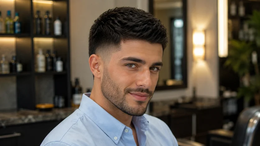 Taper Burst Fade Crew Cut with clean textured top and smooth taper fade.