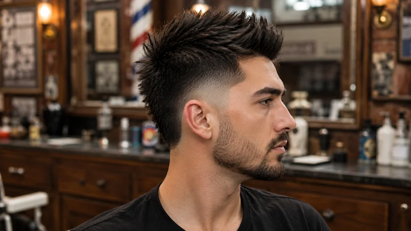 Taper Burst Fade Faux Hawk haircut with textured top and smooth taper fade in a vintage barbershop.