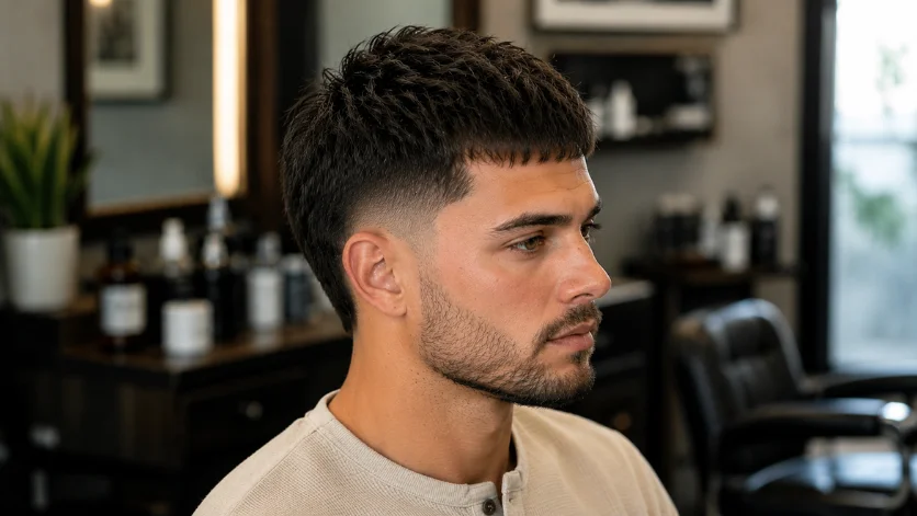 Taper Burst Fade French Crop haircut with textured crop top and smooth taper fade, stylish men's hairstyle