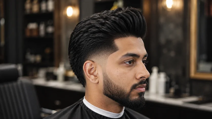 "Taper Burst Fade Pompadour haircut on South Asian male in premium barber shop."