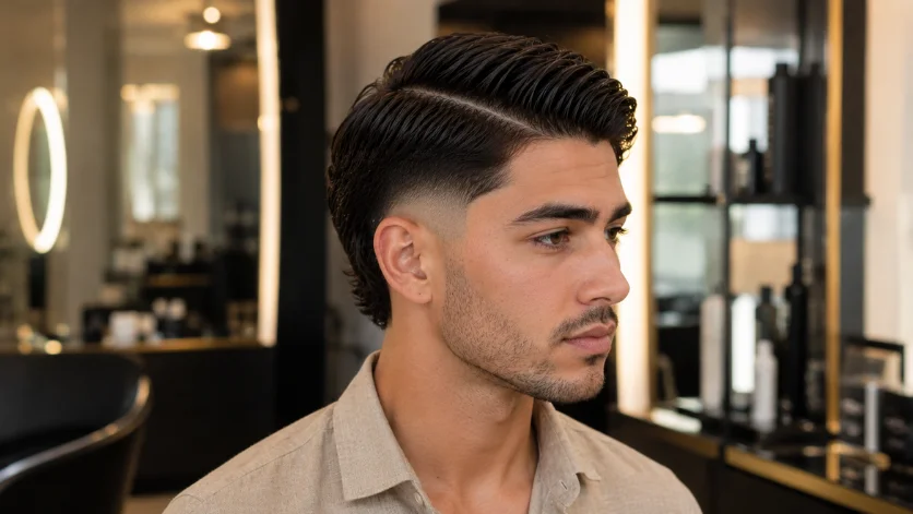 Taper burst fade side part haircut on refined man in beige linen shirt, clean blended fade with elegant men's hairstyle in upscale salon.