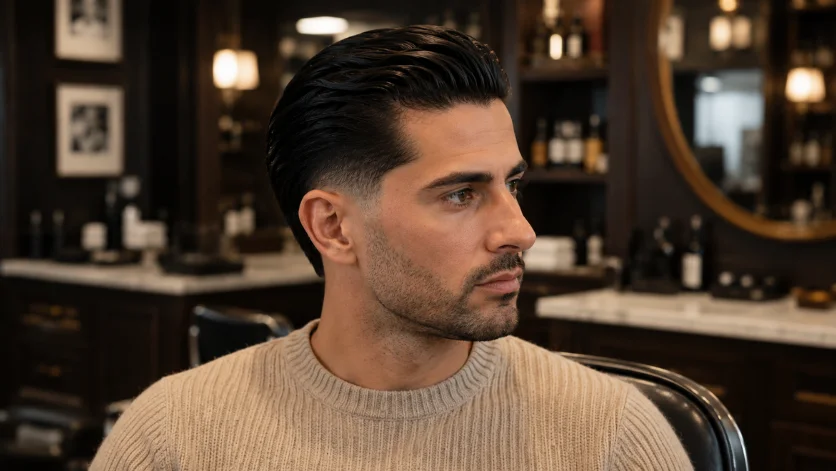 Taper burst fade slick back haircut for men with smooth combed-back hair, soft tapered fade, beige knit sweater, and premium barbershop styling.