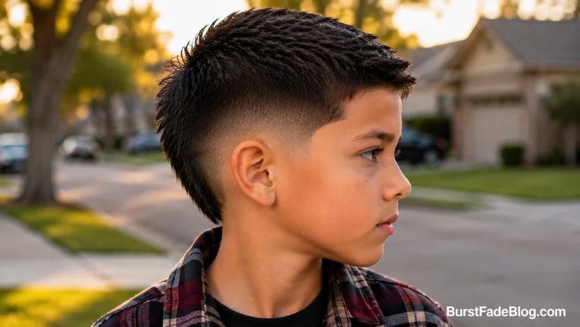 Taper burst fade haircut for kids with a smooth blended fade and tapered sides.