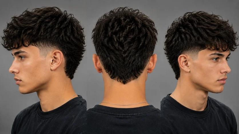 Taper burst fade haircut with textured wavy hair on top, gradual taper around the ears, and clean side profile against a neutral studio background.