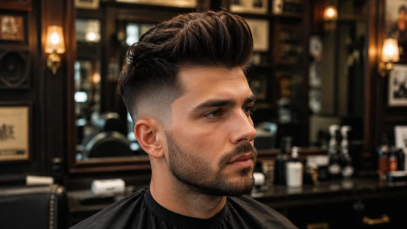 Taper fade quiff haircut with a voluminous top, smooth fade blend, and modern men's hairstyle in a luxury barber shop.