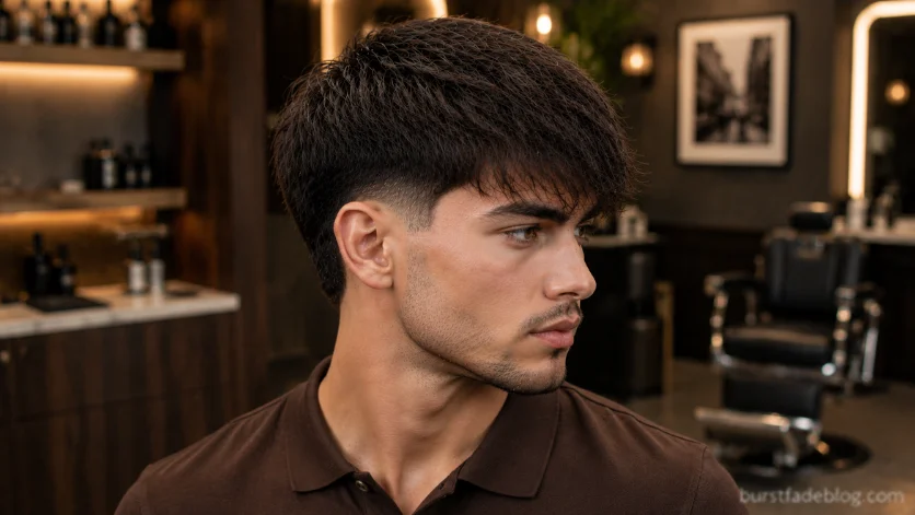 Tapered Burst Fade Fringe haircut with textured fringe and soft tapered burst fade.
