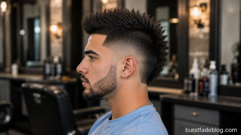 Tapered Burst Fade Mohawk haircut for men featuring a smooth taper transition,