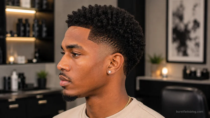 Tapered burst fade for Black men with curly top, soft fade around the ears, and clean lineup.