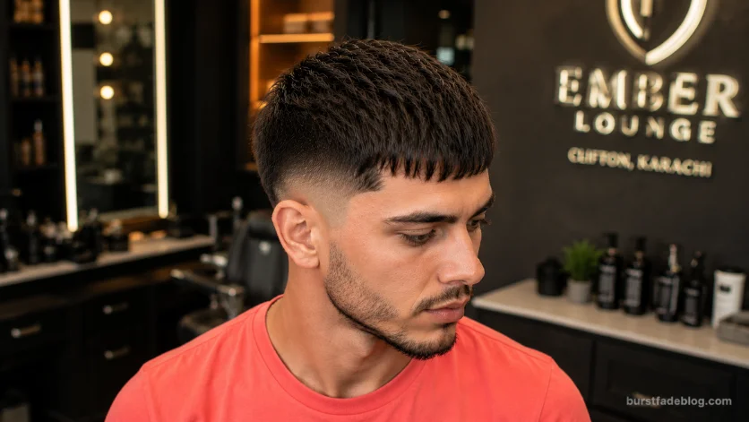 Young man with a tapered Caesar burst fade haircut featuring a clean taper blend, short Caesar fringe, and chocolate brown t-shirt in a modern premium barbershop.