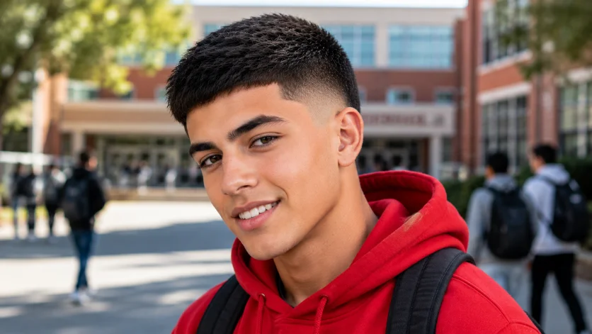 Teen burst fade crew cut with fresh styling and a clean burst fade haircut.