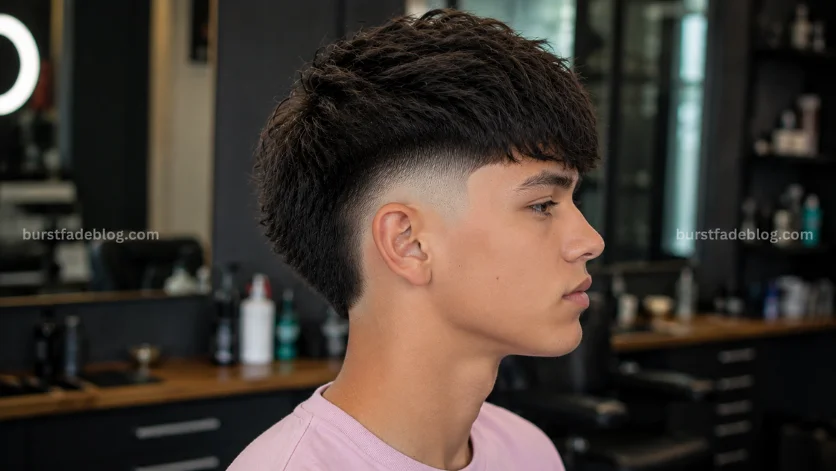 Teen Burst Fade Edgar haircut with fresh styling and clean burst fade, side profile in a professional barbershop.