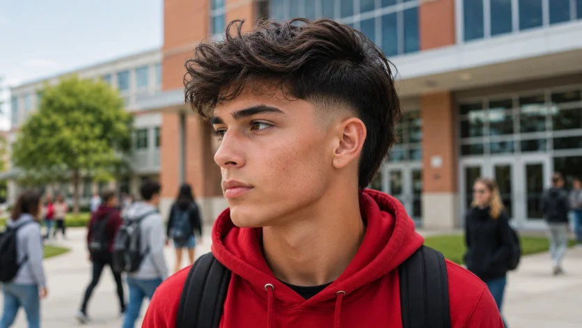 Teen burst fade side part haircut with textured top, red hoodie, and modern school campus background.