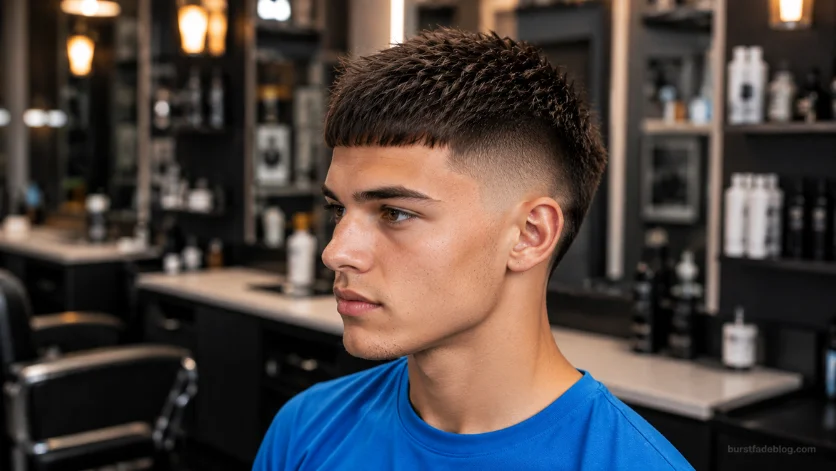 Teen boy with a Caesar Burst Fade haircut featuring a textured cropped top and clean burst fade in a modern barbershop.