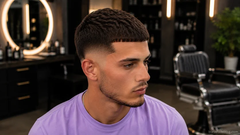 Temple Burst Fade Caesar haircut with temple-focused fade in modern barbershop.