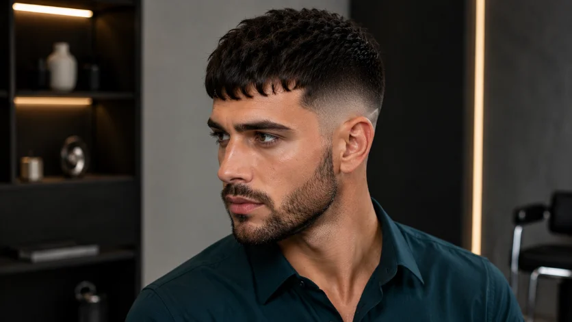 Temple Burst Fade French Crop haircut with clean textured crop 