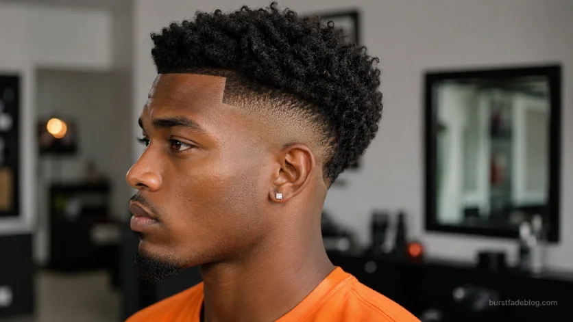 Temple burst fade haircut for Black men with curly top, sharp lineup, and clean fade blend.