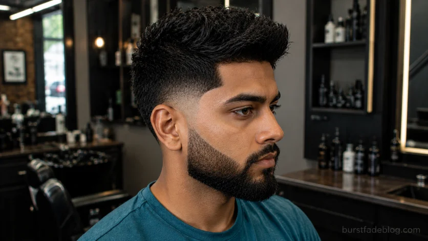 emple burst fade with textured top and sharp beard on South Asian man.