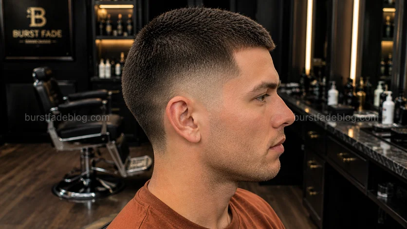 **Alt Text (SEO Optimized):**
Textured Burst Fade Buzz Cut haircut with a textured buzzed top and clean burst fade on an Australian male in a premium barbershop.
