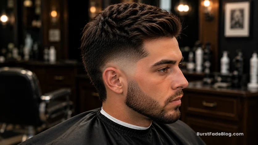 "Textured Burst Fade Comb Over haircut with layered top and clean fade"