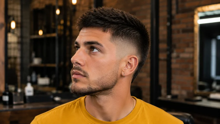 Textured burst fade crew cut with sharp fade and textured top hairstyle.