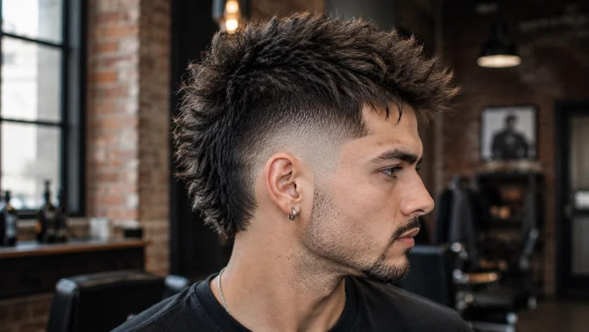 **Alt Text:**
Textured Burst Fade Faux Hawk haircut with messy layered texture, natural movement, and clean burst fade styling in an urban loft barber studio.
