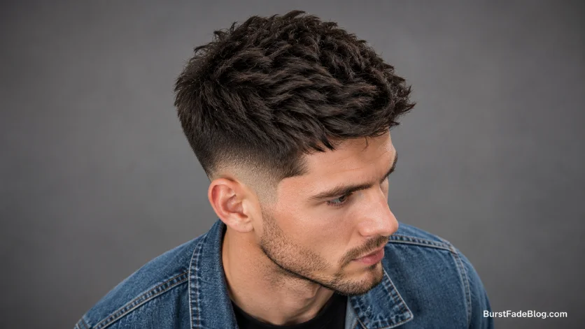 Textured burst fade for thick hair hairstyle
