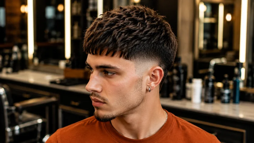 Textured Burst Fade French Crop haircut with heavily layered texture and sharp burst fade