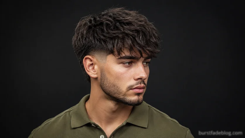 Textured burst fade fringe style for men
