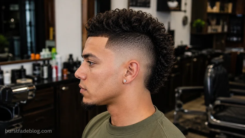 Textured Burst Fade Mohawk haircut with layered texture, defined volume, and clean burst fade, 