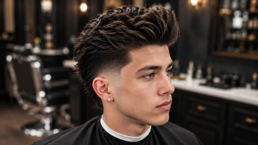 "Textured Burst Fade Pompadour haircut on young Caucasian male in luxury barber shop."