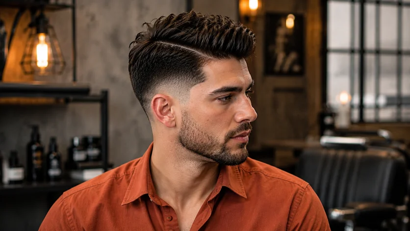 Textured burst fade side part haircut for men with a textured top and clean burst fade in an industrial studio setting.