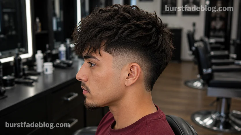 Textured Burst Fade Taper haircut with a messy layered top, natural volume, and clean burst fade taper, 
