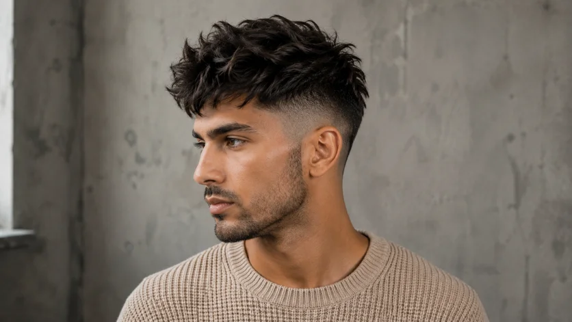 Textured burst fade undercut with layered hairstyle
