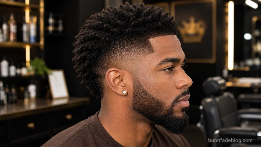 Textured burst fade on Black man with curly volume on top, clean fade blend, and sharp hairline in a modern salon.