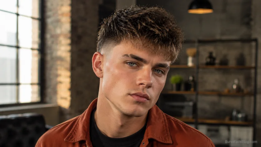 Textured Burst Fade haircut with messy textured top, natural volume, and sharp burst fade in a modern men's hairstyle.