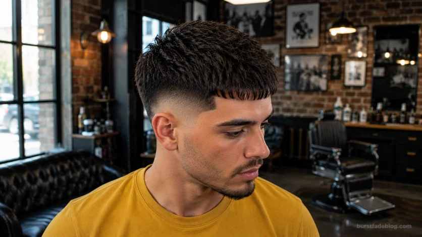 Textured Caesar Burst Fade haircut with textured top and clean fade.